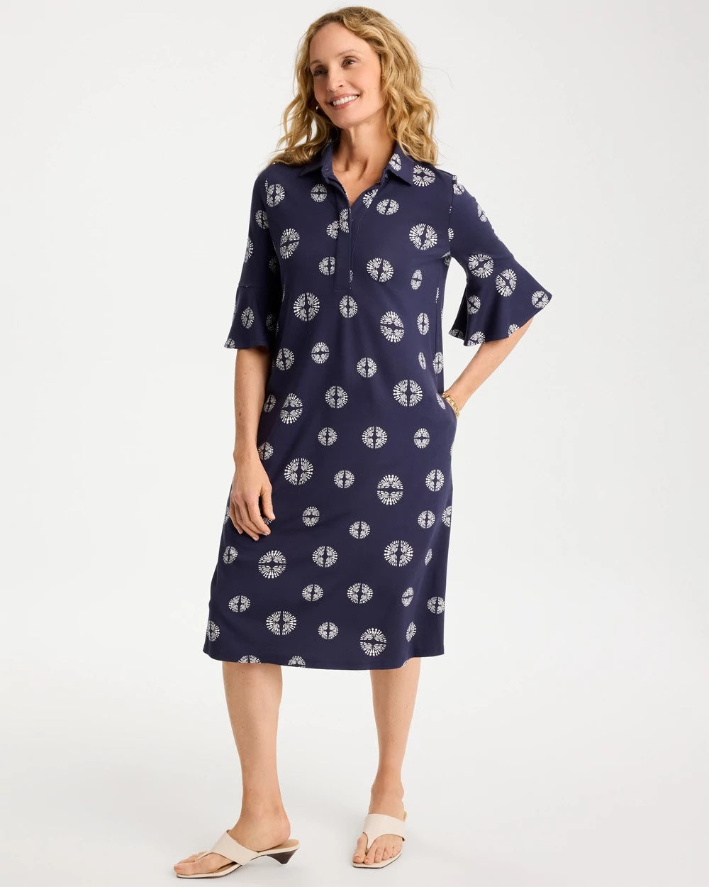 Chico's Outlet Passport Blue Printed Ponte Flounce Sleeve Dress