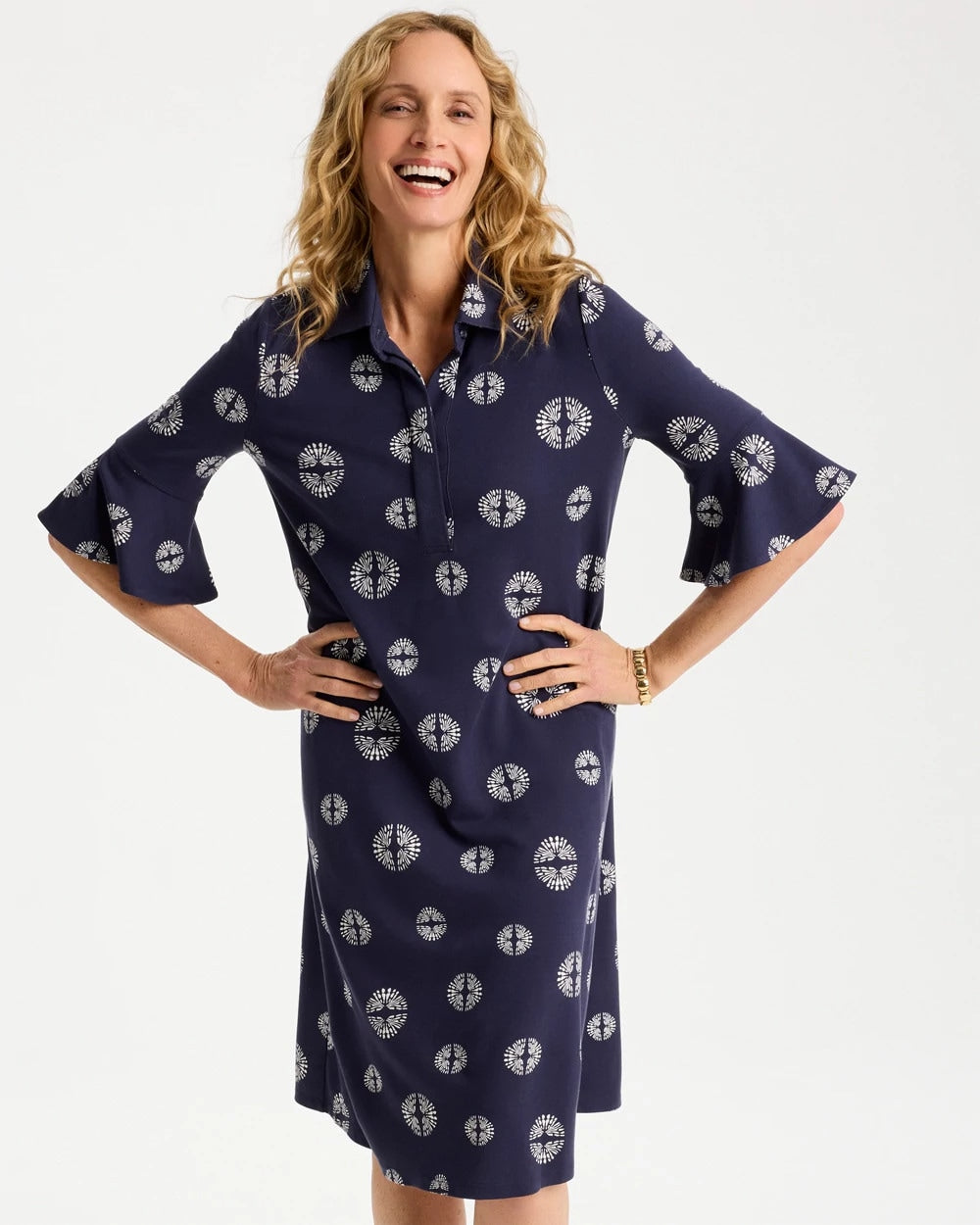 Chico's Outlet Passport Blue Printed Ponte Flounce Sleeve Dress