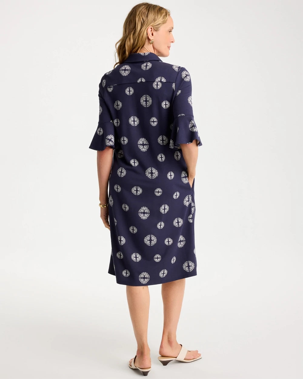 Chico's Outlet Passport Blue Printed Ponte Flounce Sleeve Dress