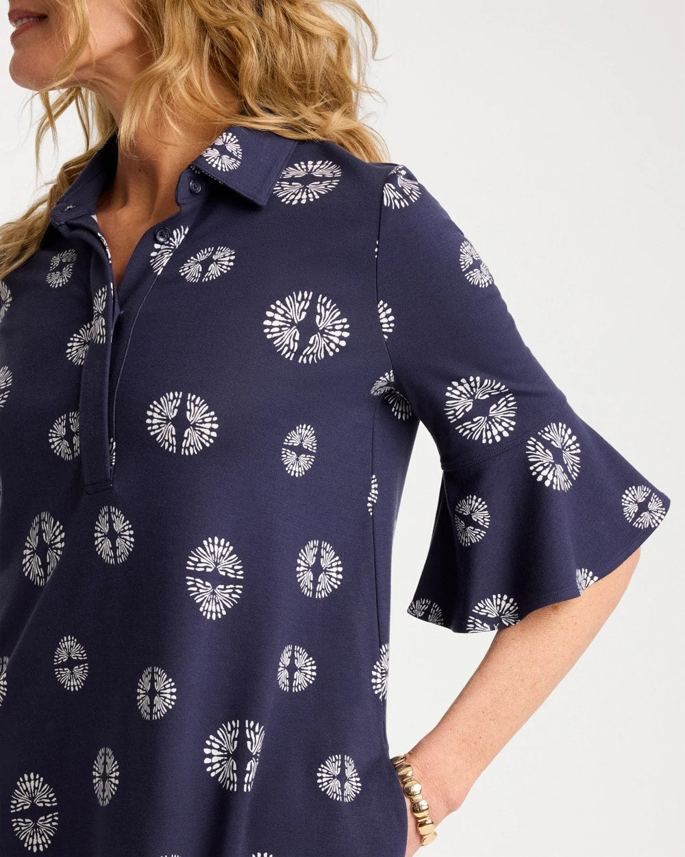 Chico's Outlet Passport Blue Printed Ponte Flounce Sleeve Dress