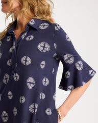 Chico's Outlet Passport Blue Printed Ponte Flounce Sleeve Dress