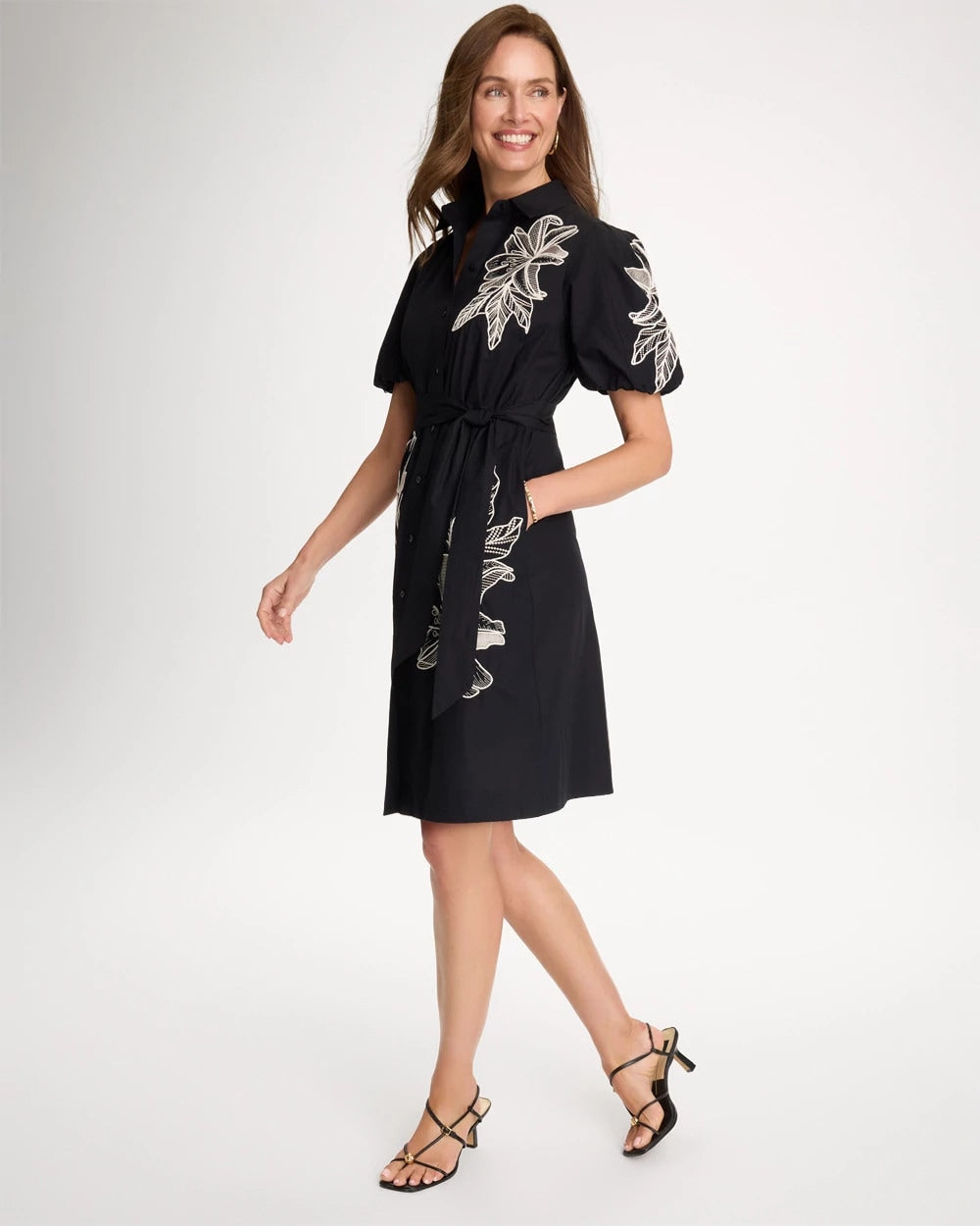 Chico's Online Black Embroidered Poplin Cotton Belted Dress