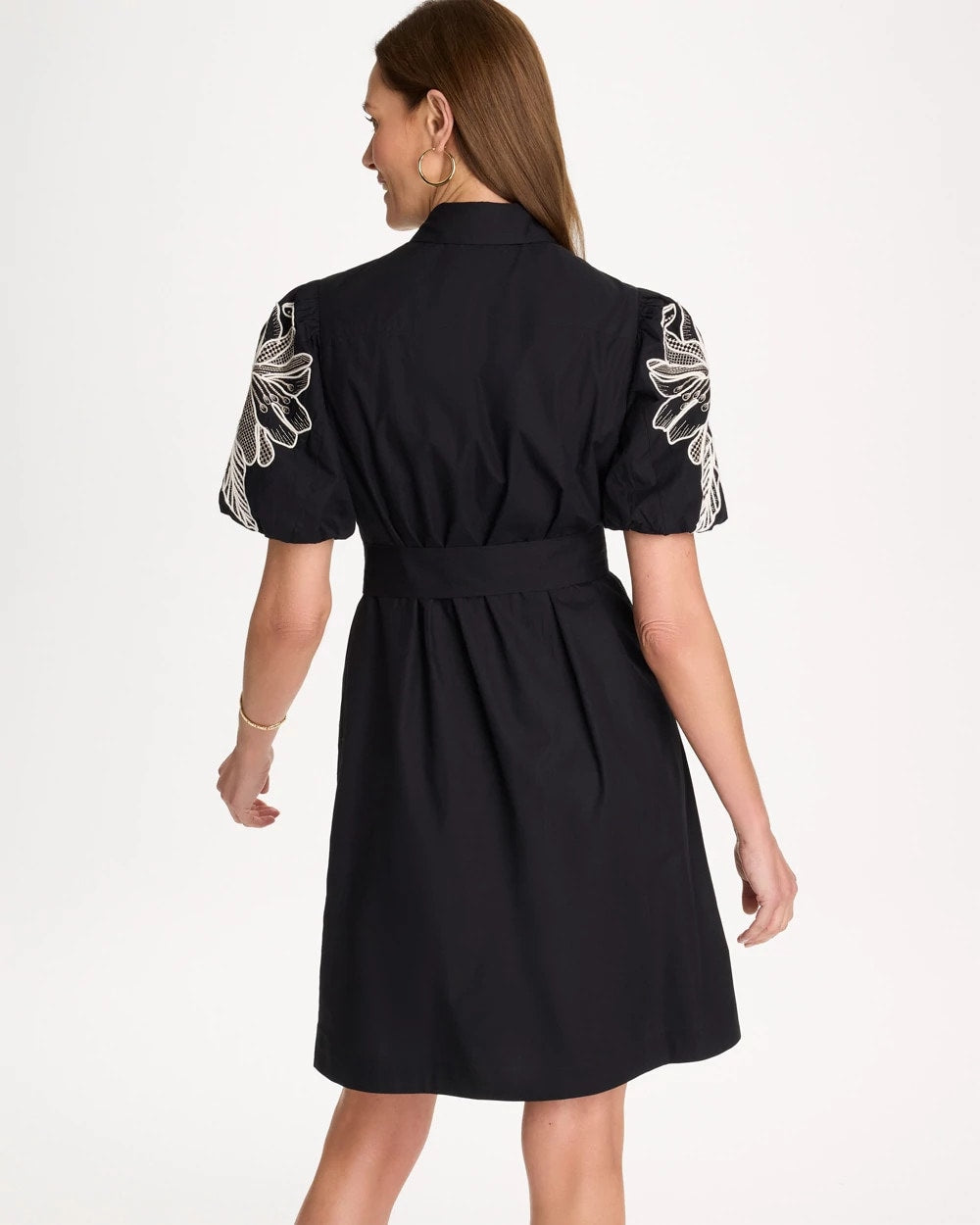 Chico's Online Black Embroidered Poplin Cotton Belted Dress