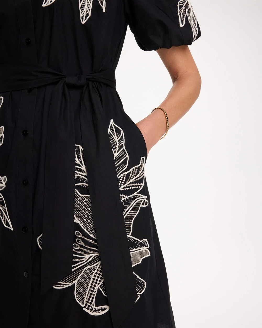 Chico's Online Black Embroidered Poplin Cotton Belted Dress