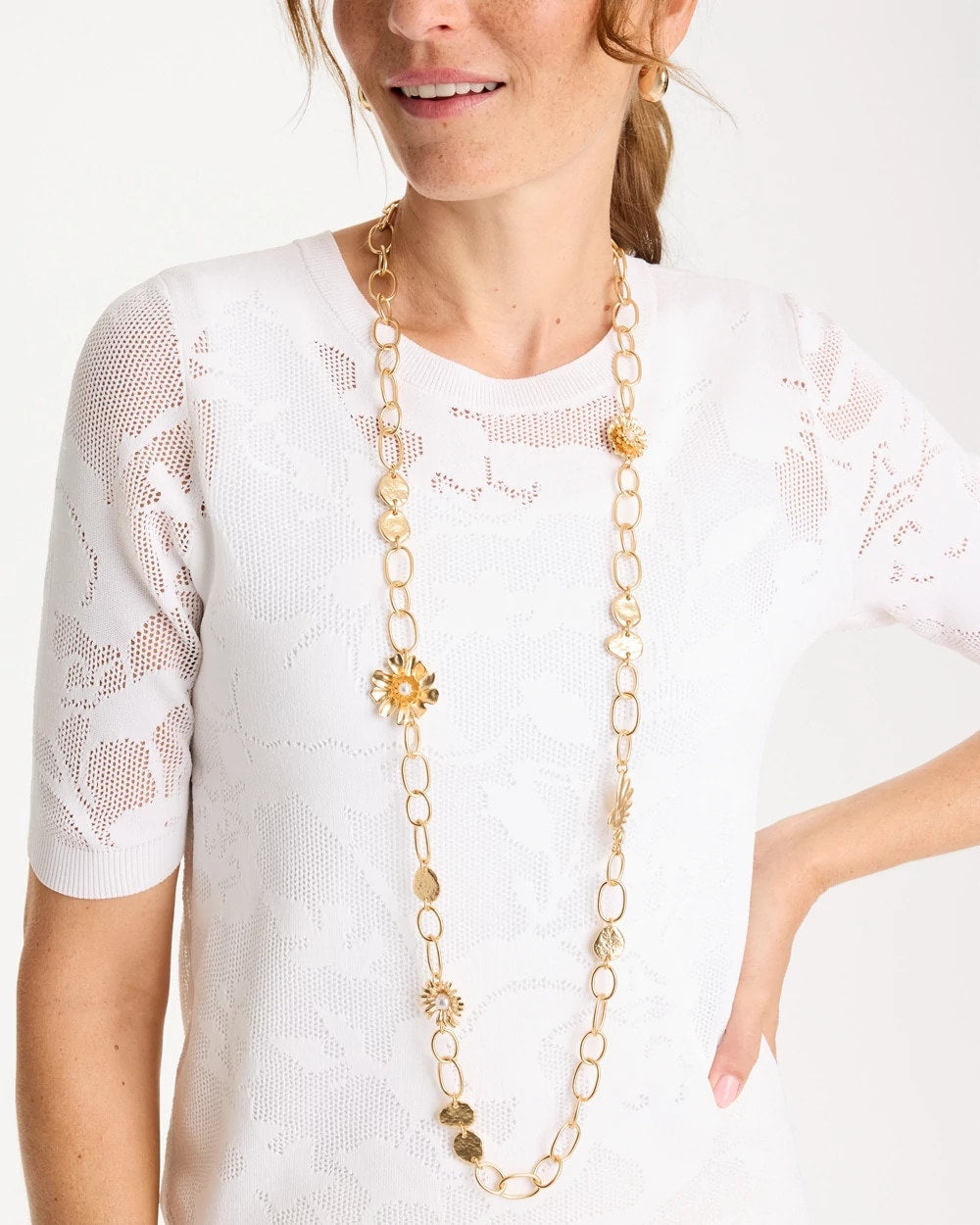 Chico's Outlet Gold Flower Long Single-Strand Necklace