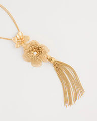 Chico's Outlet Gold Filigree Flower Tassel Necklace
