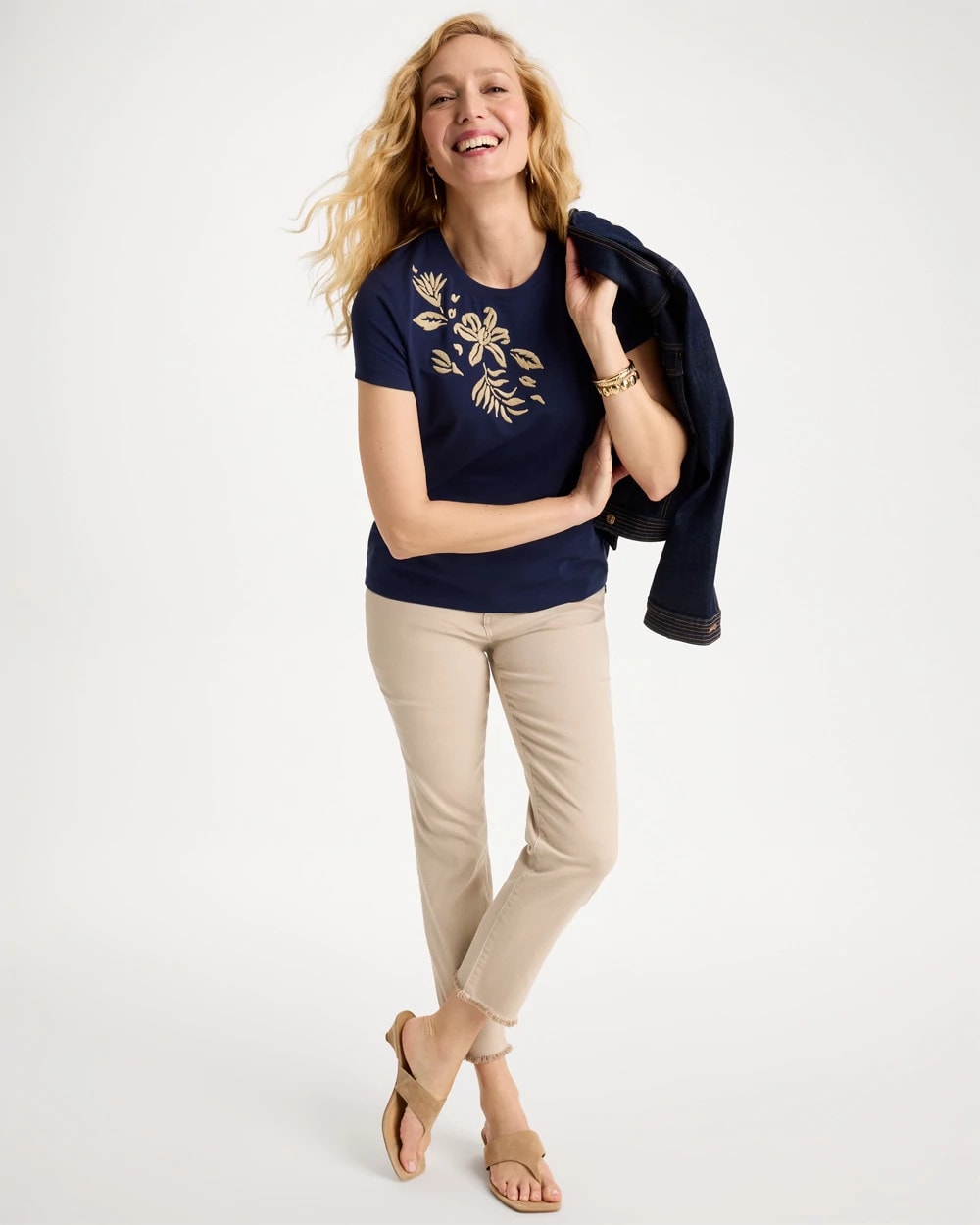 Chico's For Sale Passport Blue Cotton Stretch Cap Sleeve Embroidered Tee