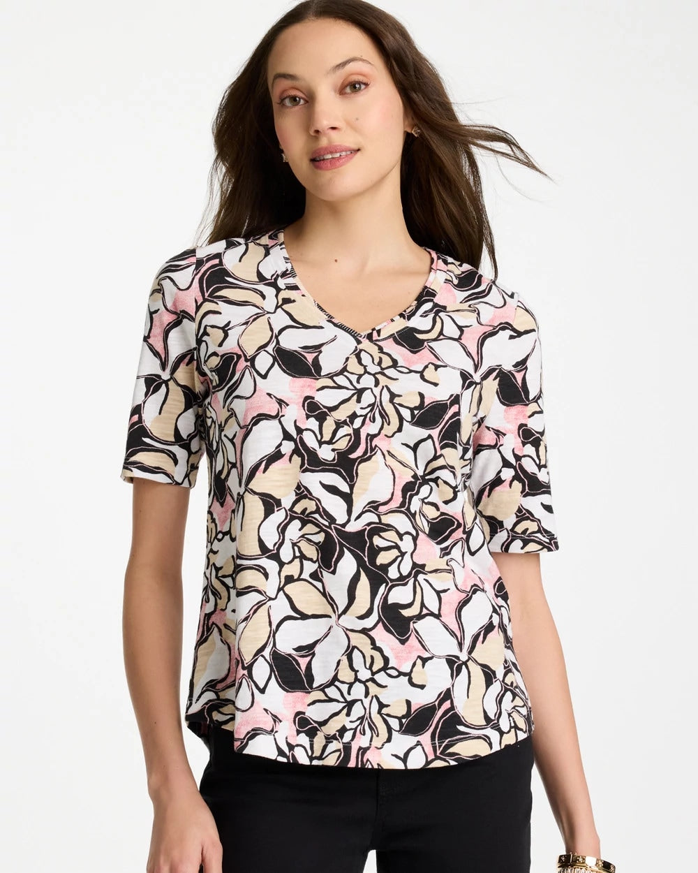 Chico's Discount Black Printed Cotton Slub V-Neck Tee