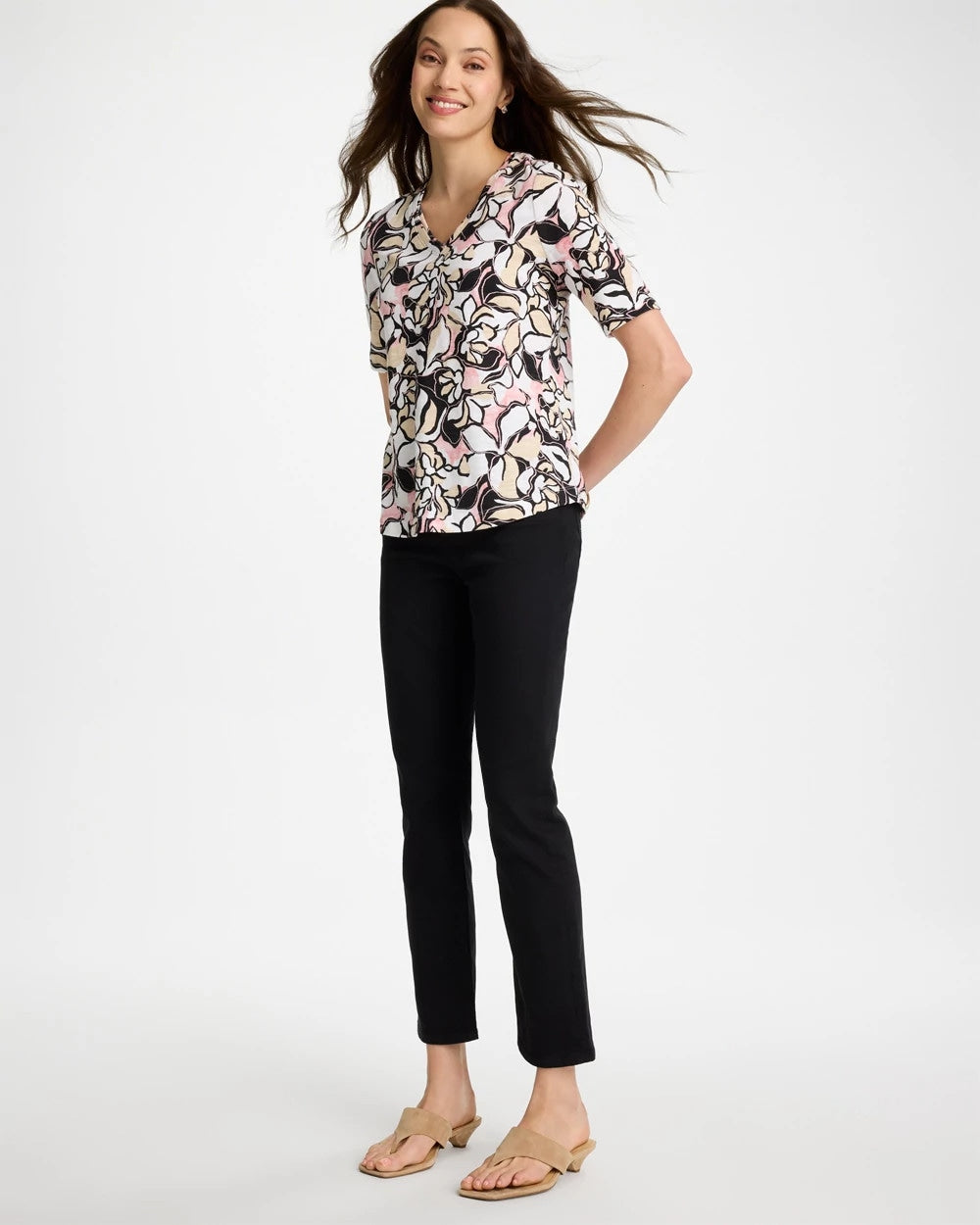 Chico's Discount Black Printed Cotton Slub V-Neck Tee
