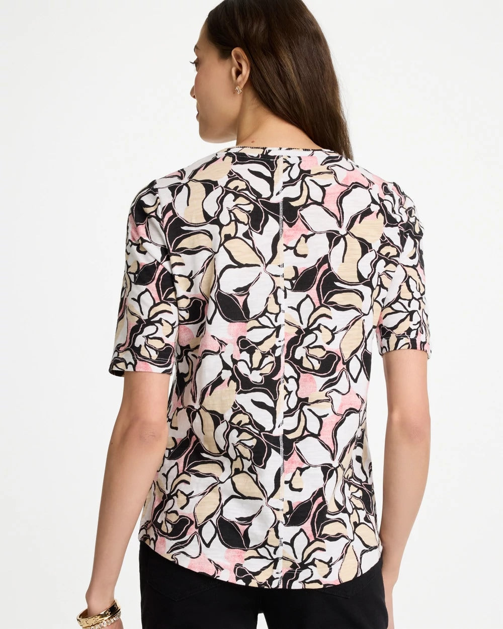 Chico's Discount Black Printed Cotton Slub V-Neck Tee