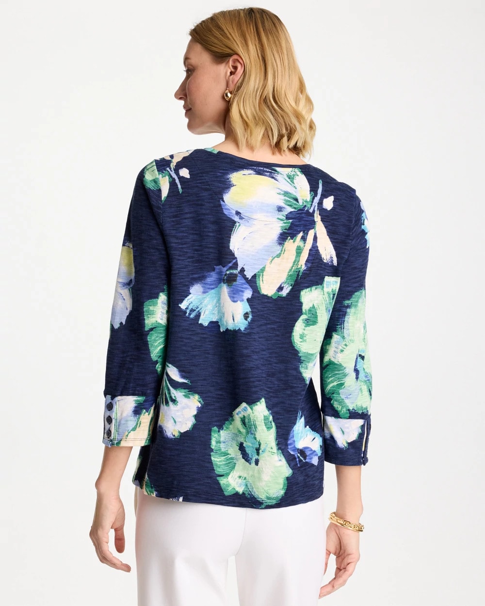 Chico's Sale Passport Blue Printed Slub Button Detail Tee