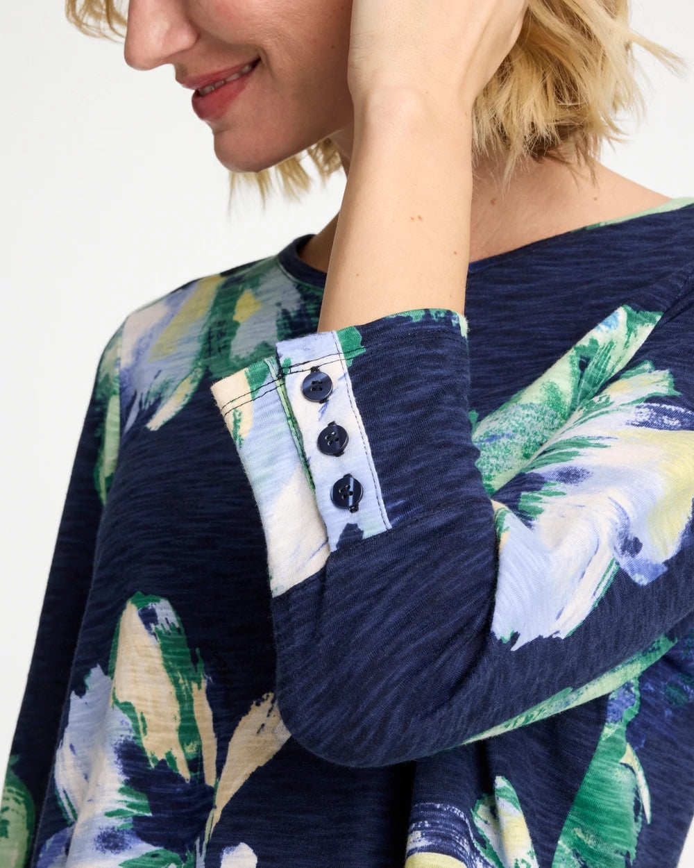 Chico's Sale Passport Blue Printed Slub Button Detail Tee