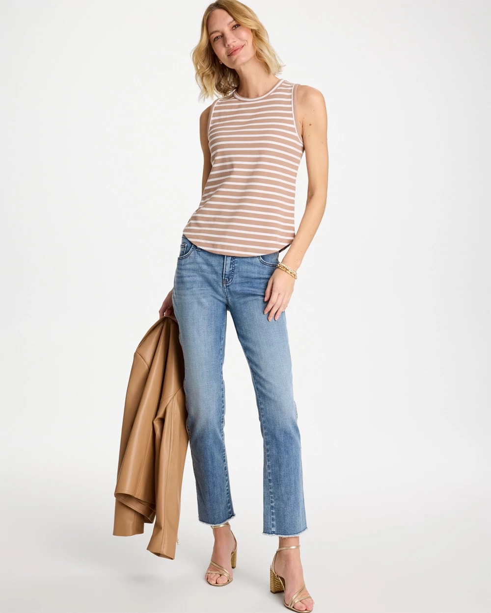 Chico's Outlet Cattail Brown Striped High Neck Rib Tank