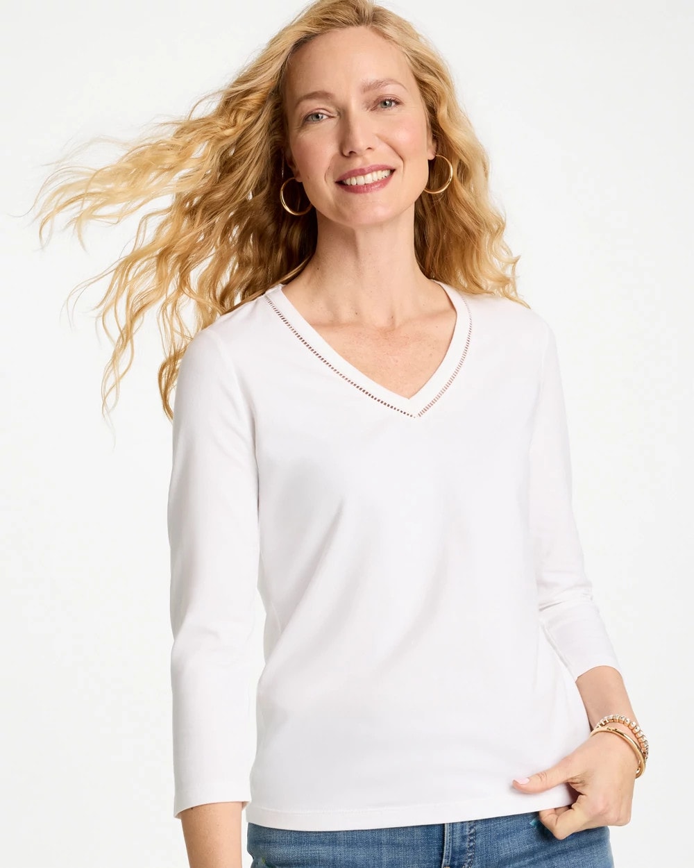 Chico's Discount Alabaster Trim Detail Cotton Stretch 3/4 Sleeve Tee