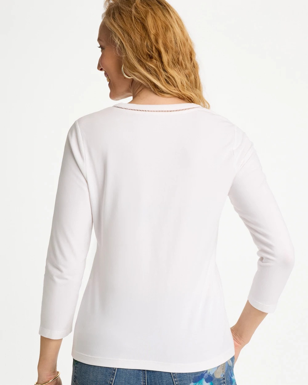 Chico's Discount Alabaster Trim Detail Cotton Stretch 3/4 Sleeve Tee