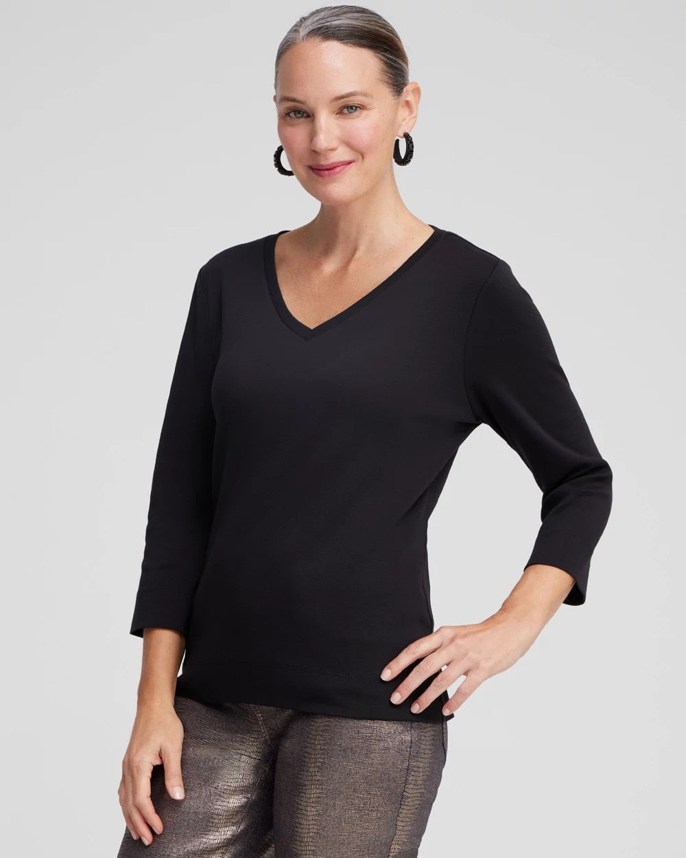 Chico's Sale Black 3/4 Sleeve V-Neck Tee