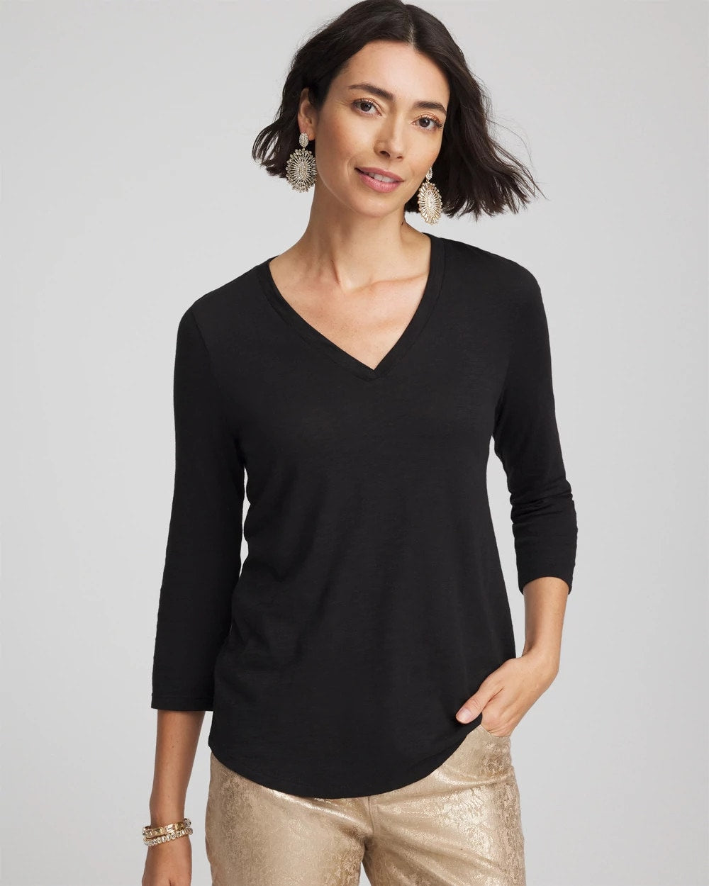 Chico's On Sale Black Slub 3/4 Sleeve Tee