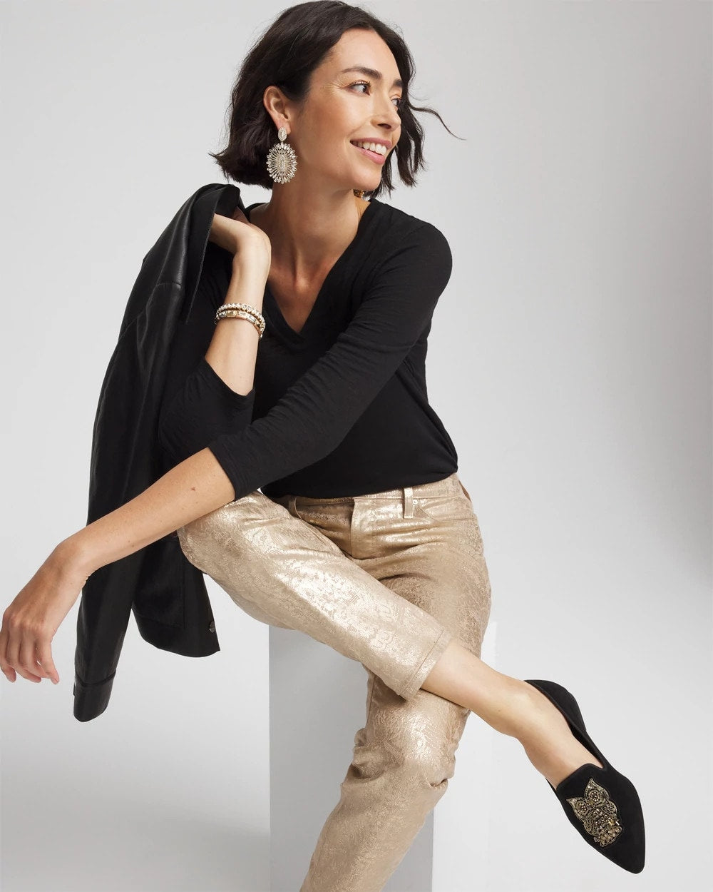 Chico's On Sale Black Slub 3/4 Sleeve Tee
