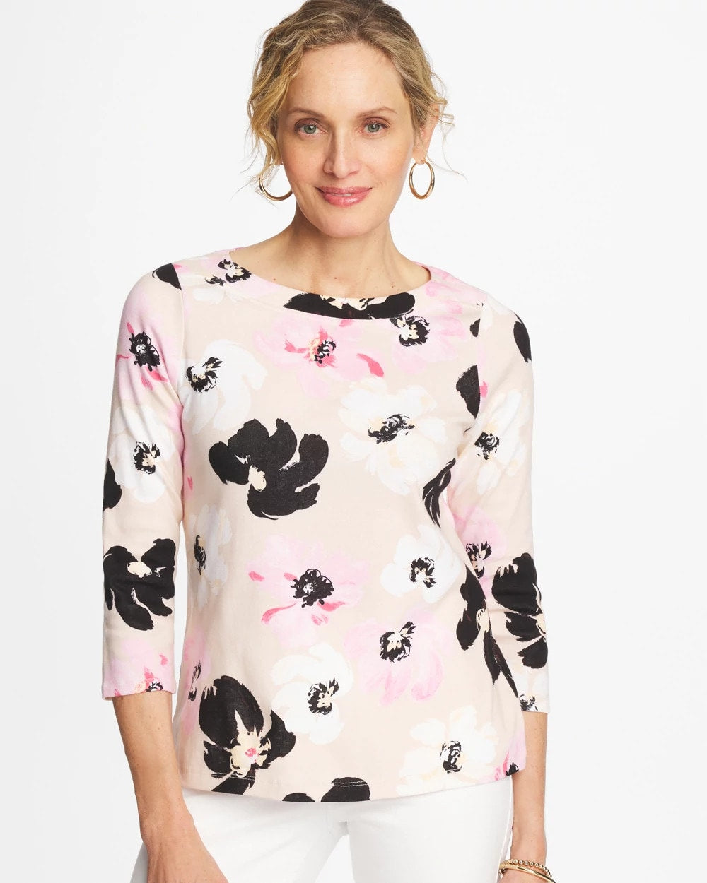 Chico's For Sale Sweet Blossom Printed Pima 3/4 Sleeve Tee