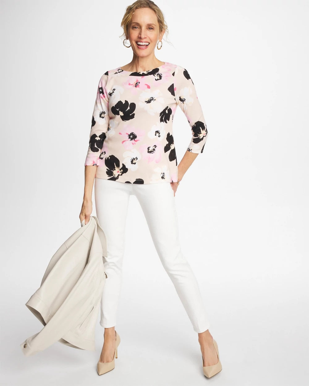 Chico's For Sale Sweet Blossom Printed Pima 3/4 Sleeve Tee