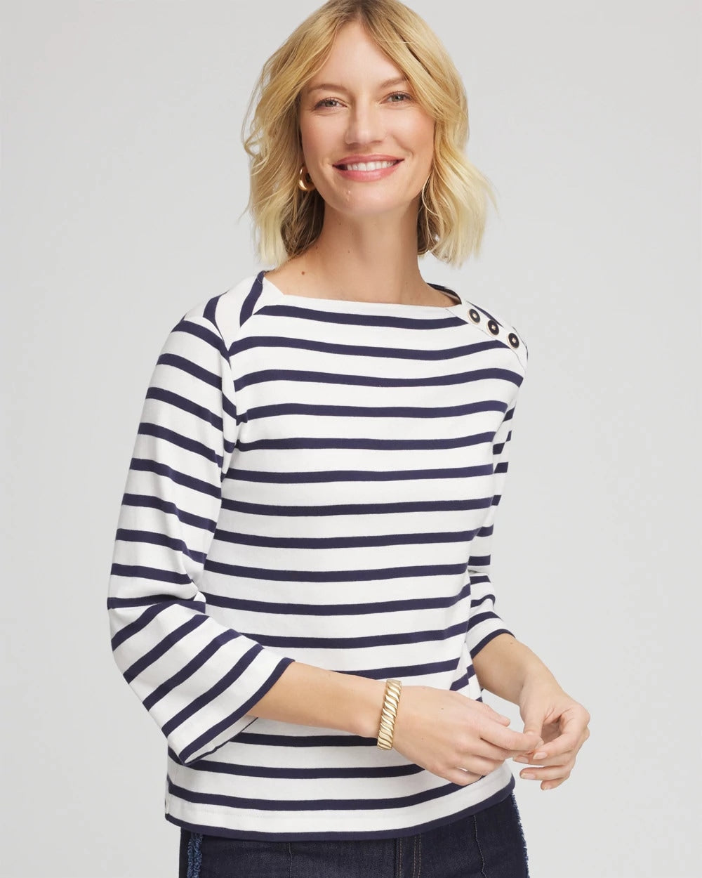 Chico's Discount Ecru Bateau Neck Stripe Top