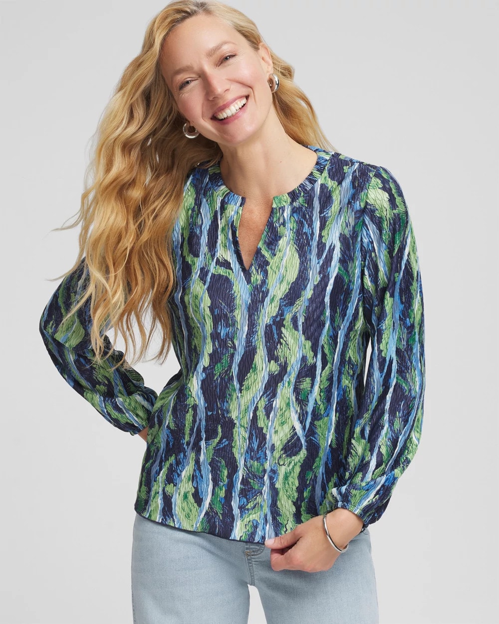 Chico's Outlet Passport Blue Ocean Plume Crinkle Top