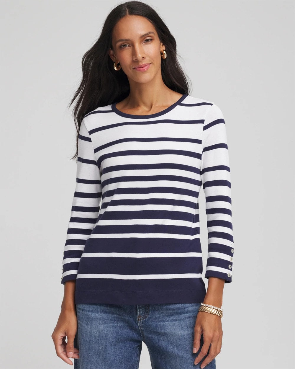 Chico's For Sale Passport Blue Pima Striped Button Sleeve Tee