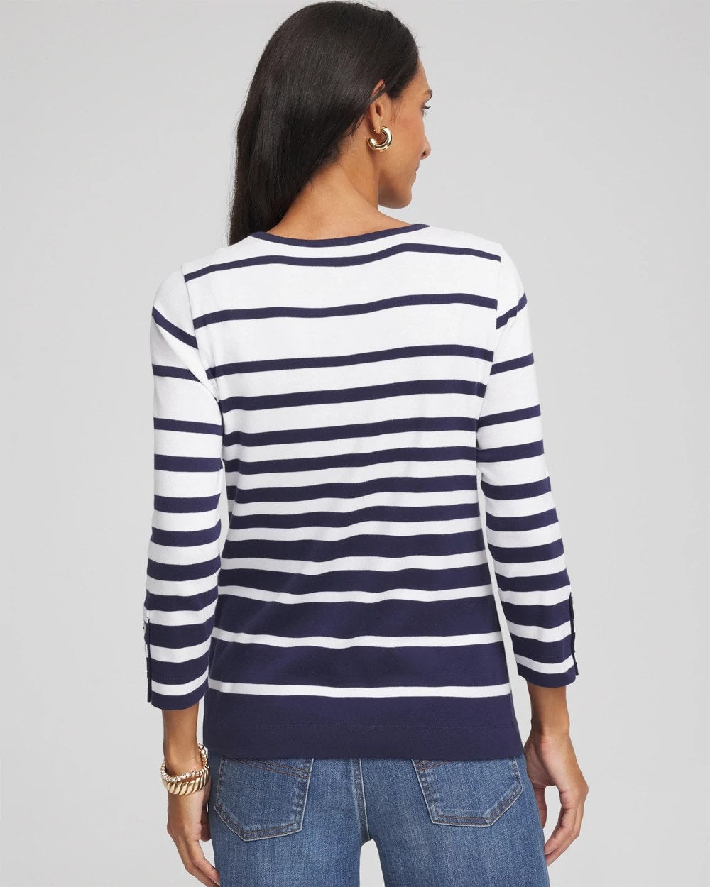 Chico's For Sale Passport Blue Pima Striped Button Sleeve Tee