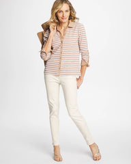 Chico's Sale Cattail Brown Striped Collared Rib Mix Henley