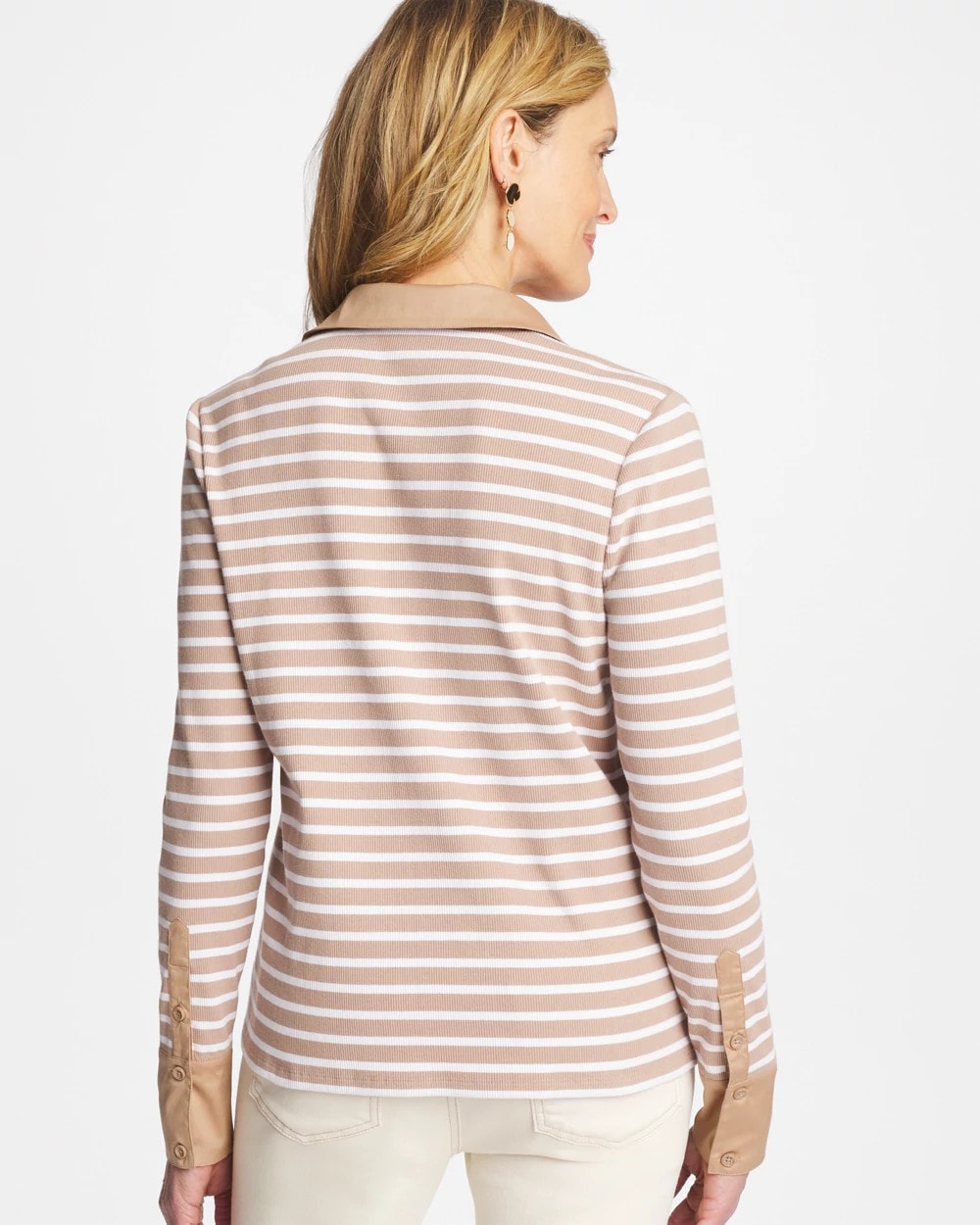 Chico's Sale Cattail Brown Striped Collared Rib Mix Henley