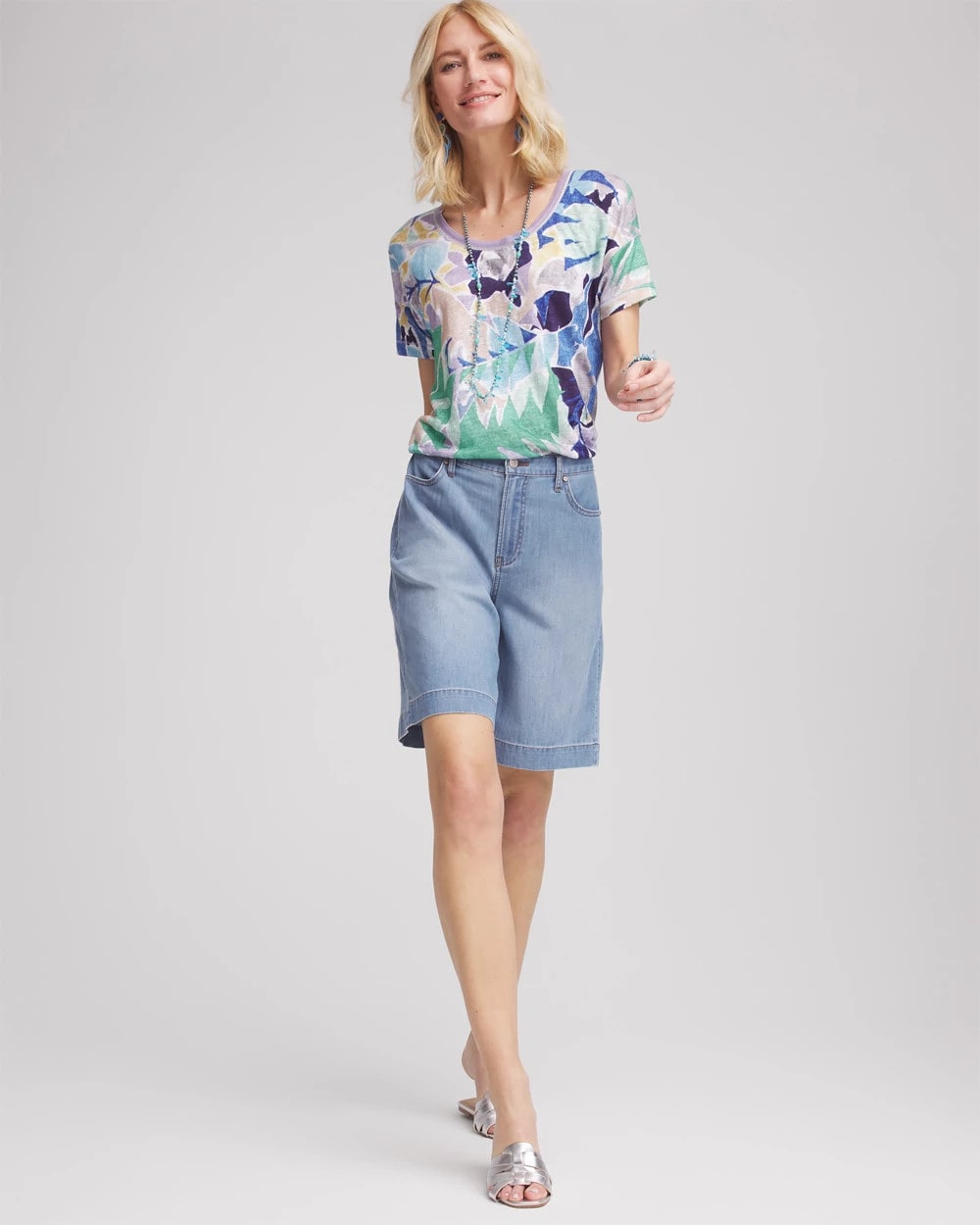 Chico's On Sale Blue Casa Tropical Nights Sweater-Trim Linen Tee