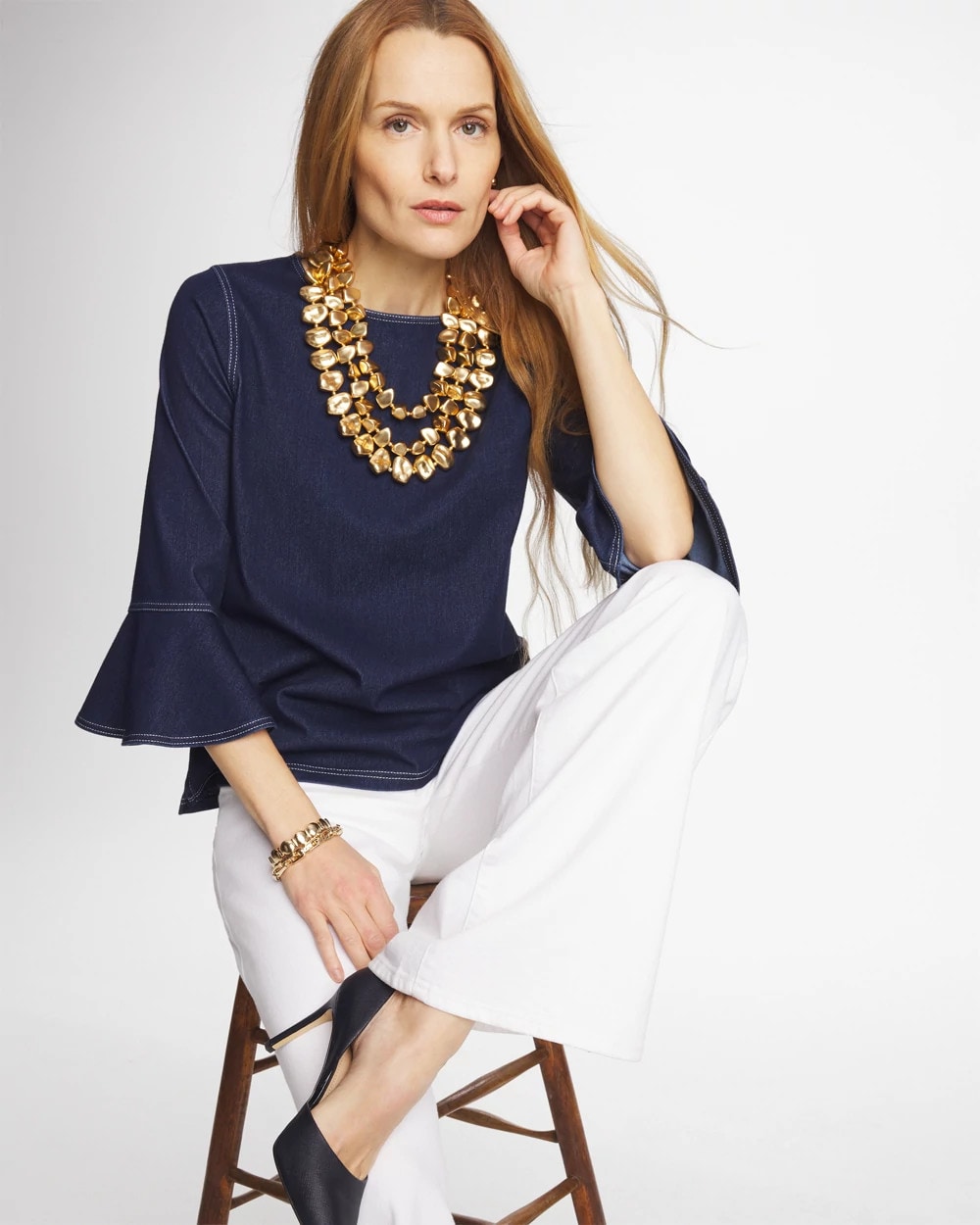 Chico's For Sale Denim Indigo Denim Trumpet Sleeve Top