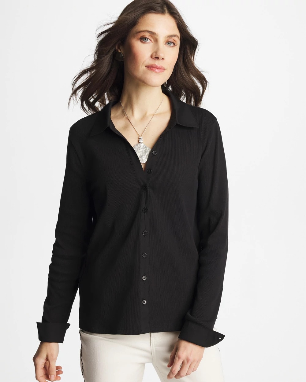 Chico's Online Black Collared Rib Mix Henley