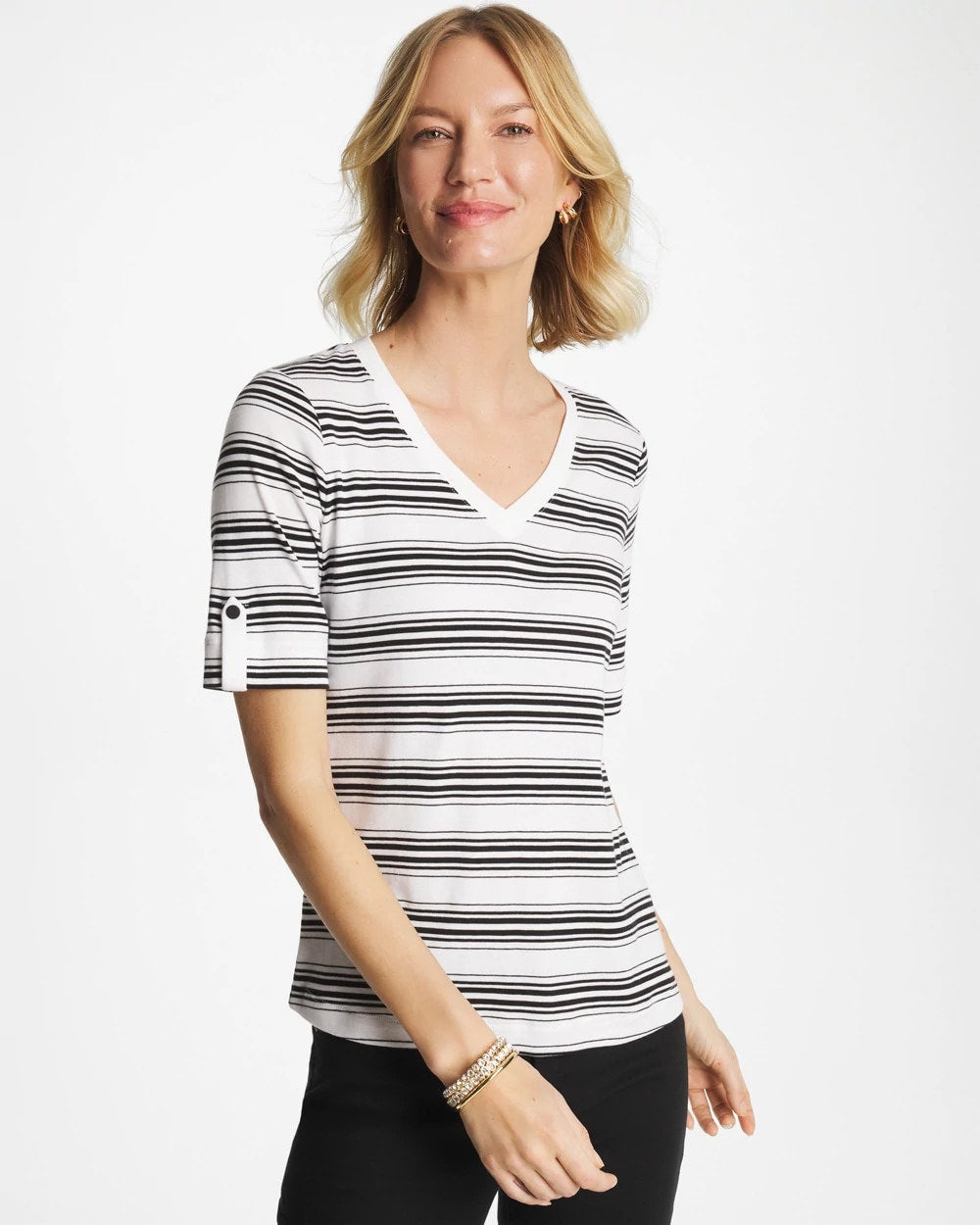 Chico's Discount Black Pima V-Neck Tab Sleeve Tee