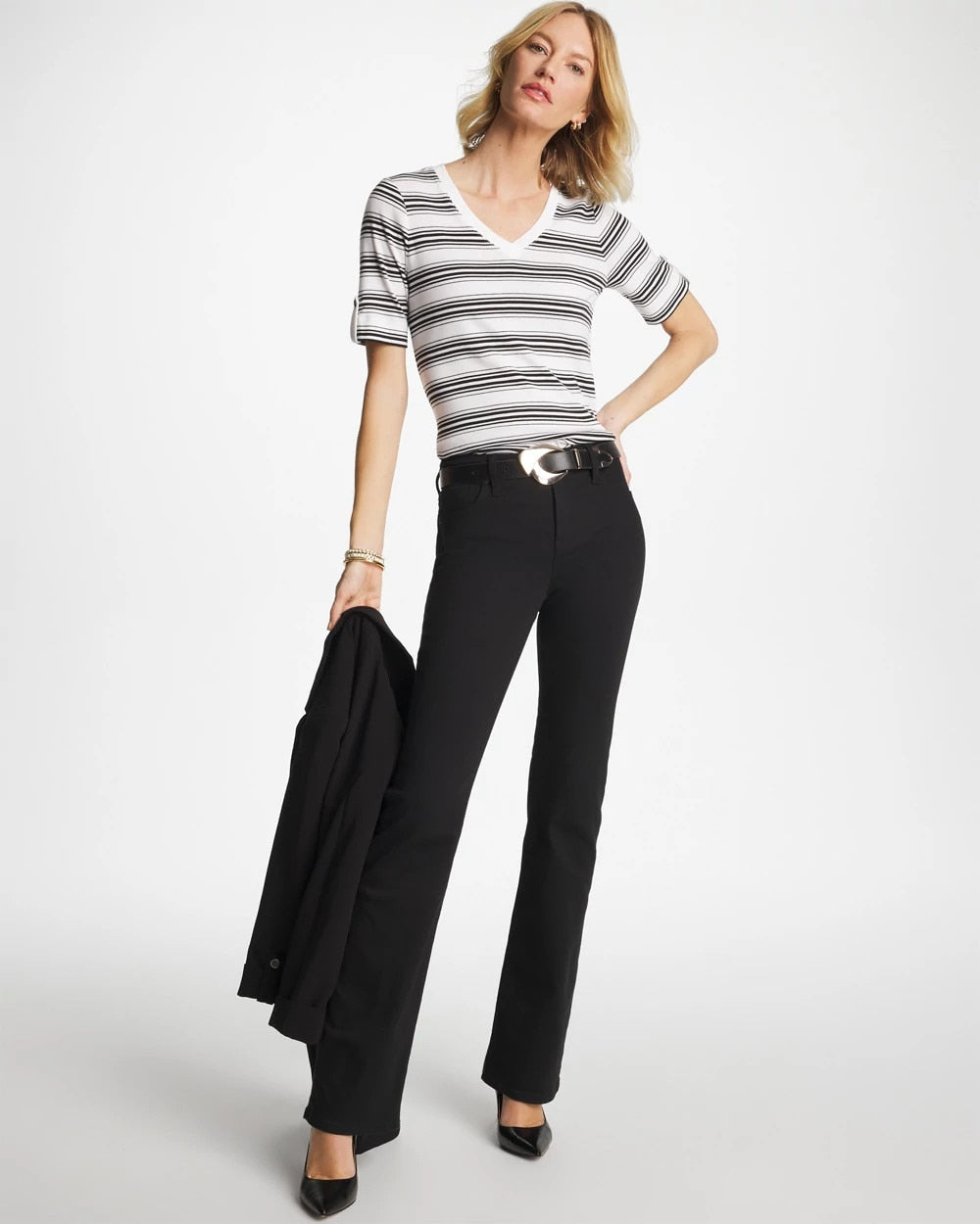 Chico's Discount Black Pima V-Neck Tab Sleeve Tee