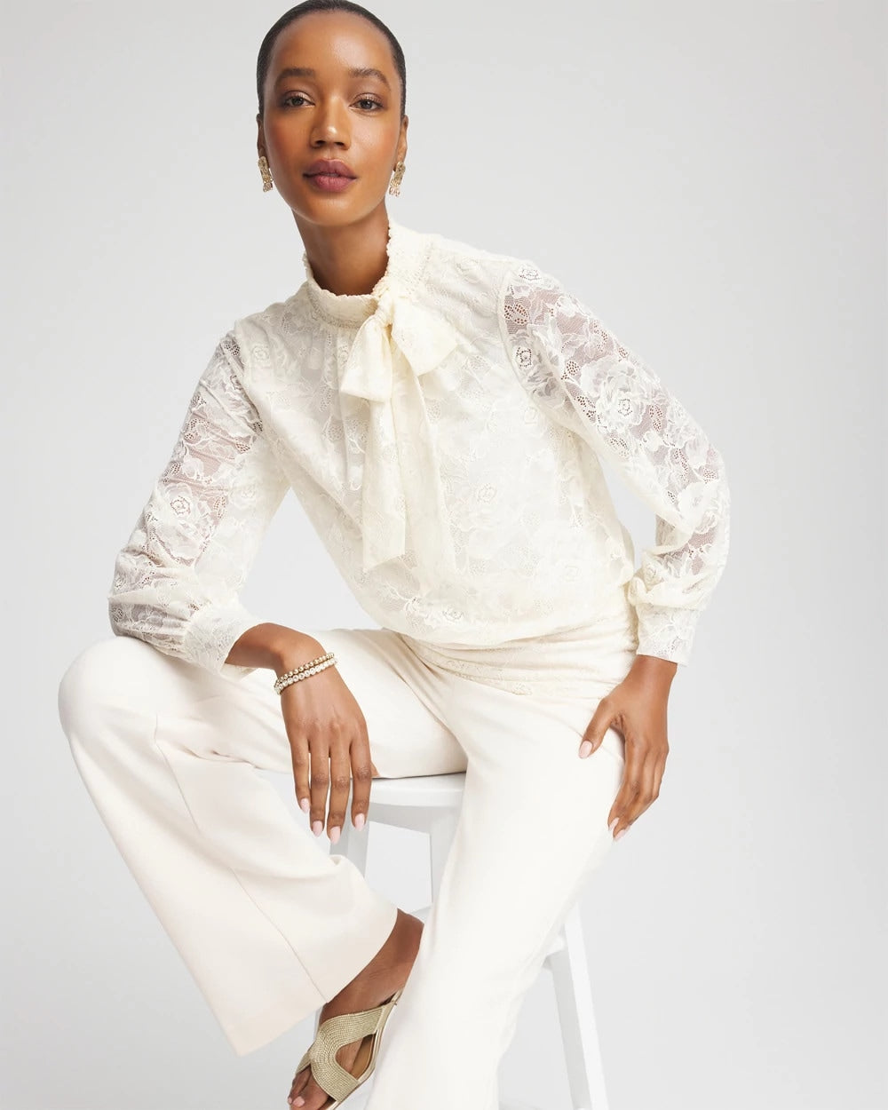 Chico's Outlet English Cream Tie-Neck Banded-Bottom Top