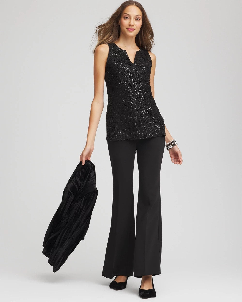 Chico's For Sale Black Sequin Beaded Notch Neck Tank