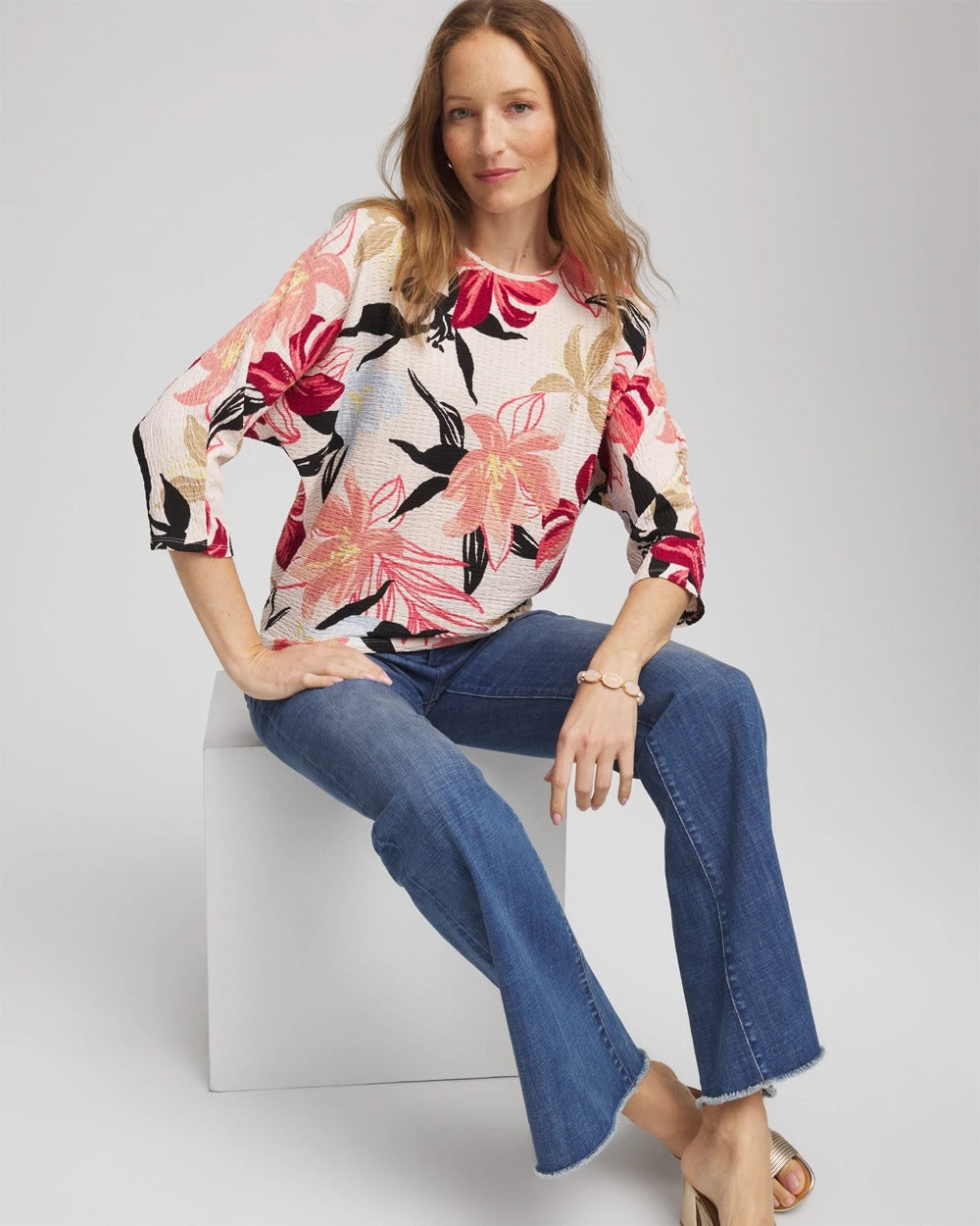 Chico's Online Folkloric Red Textured Tapered Dolman Top