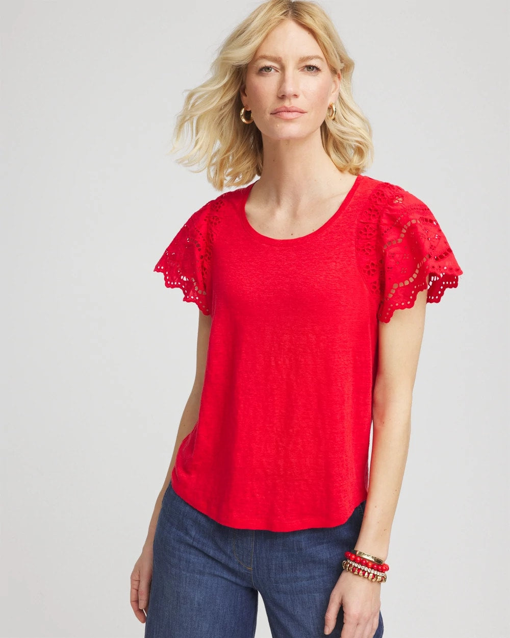Chico's Discount Red Glow Linen Embroidered Lace Tee