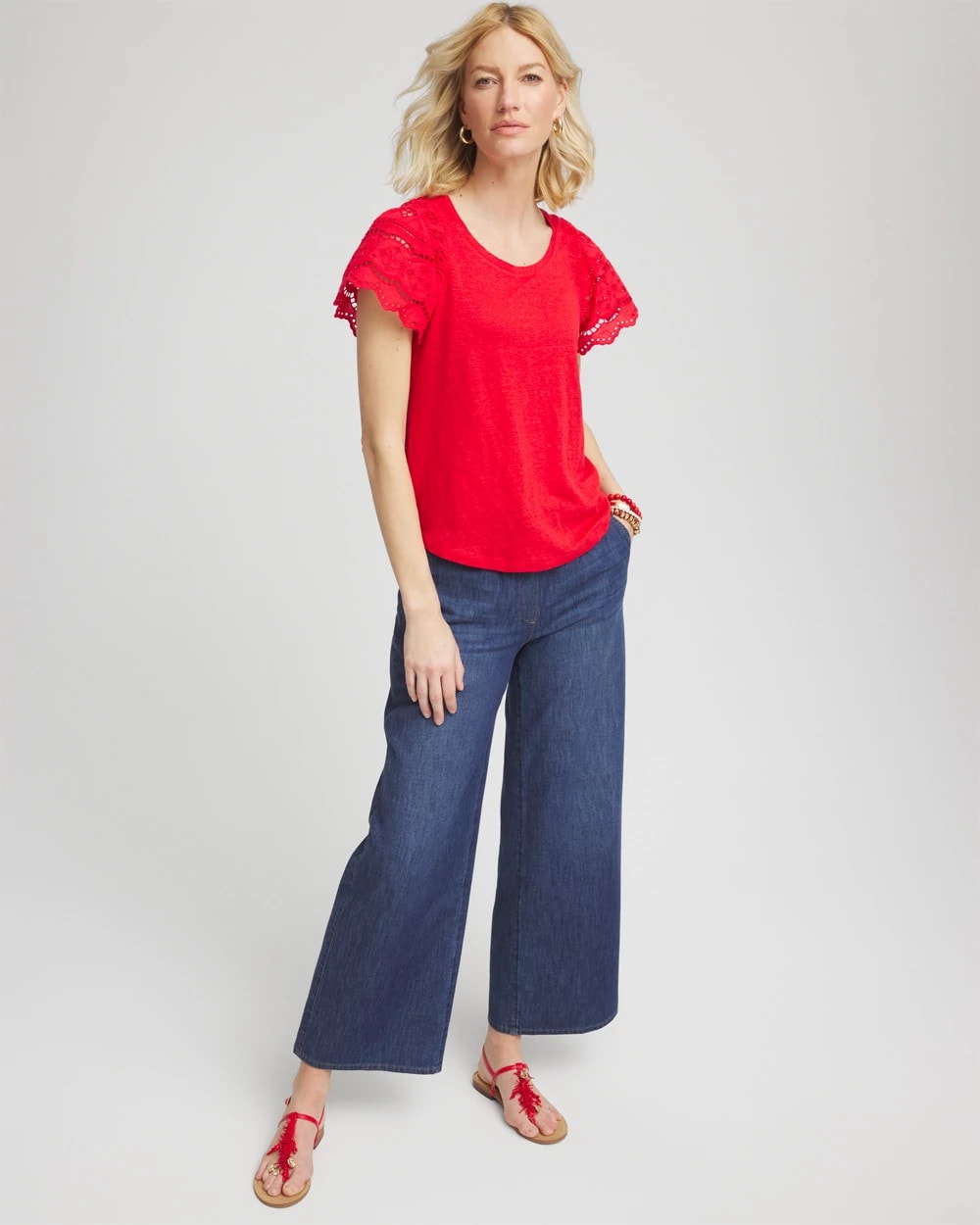 Chico's Discount Red Glow Linen Embroidered Lace Tee