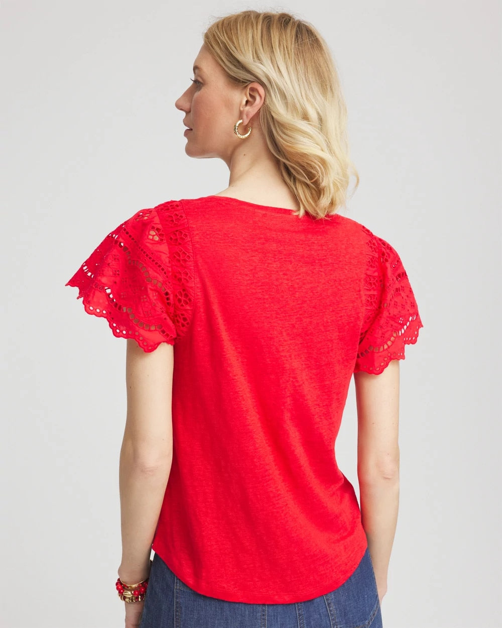 Chico's Discount Red Glow Linen Embroidered Lace Tee