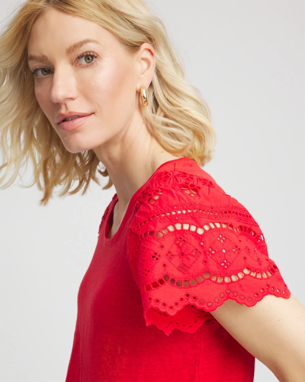 Chico's Discount Red Glow Linen Embroidered Lace Tee