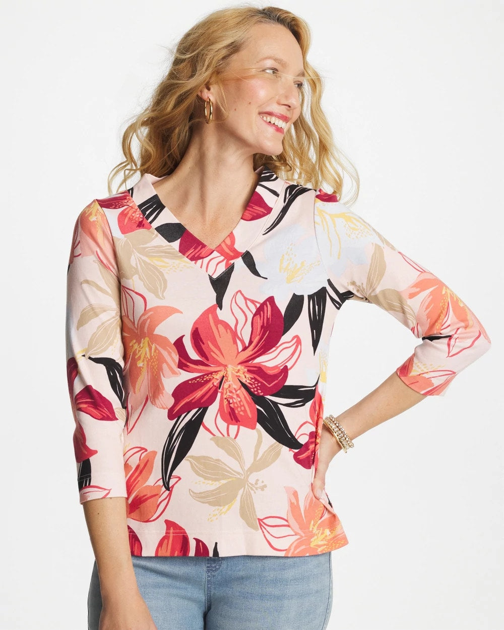 Chico's Outlet Folkloric Red Pima Cotton 3/4 Sleeve Tee
