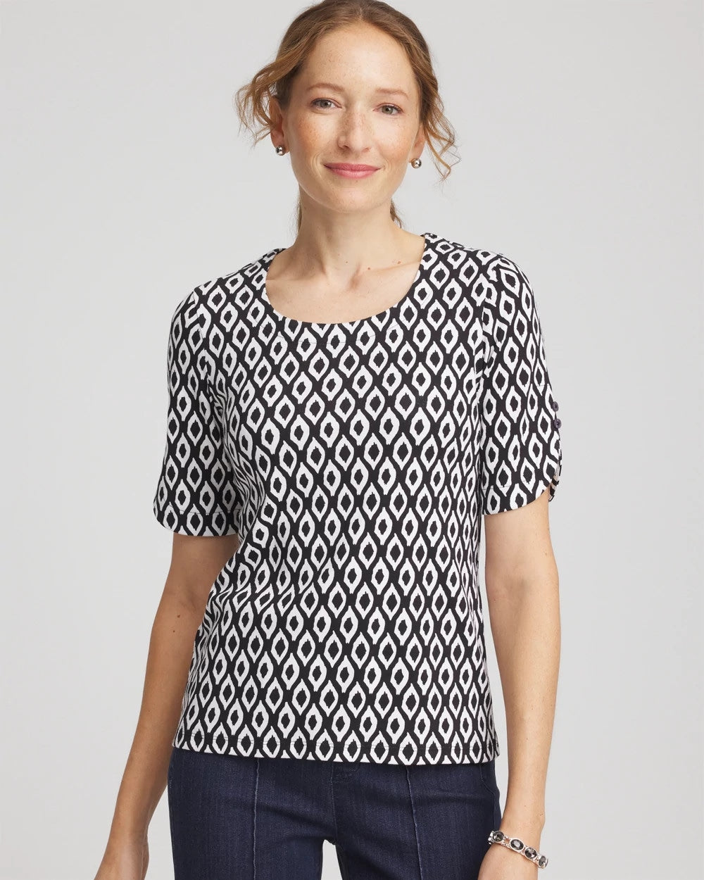 Chico's On Sale Black Printed Pima Elbow Sleeve Tee