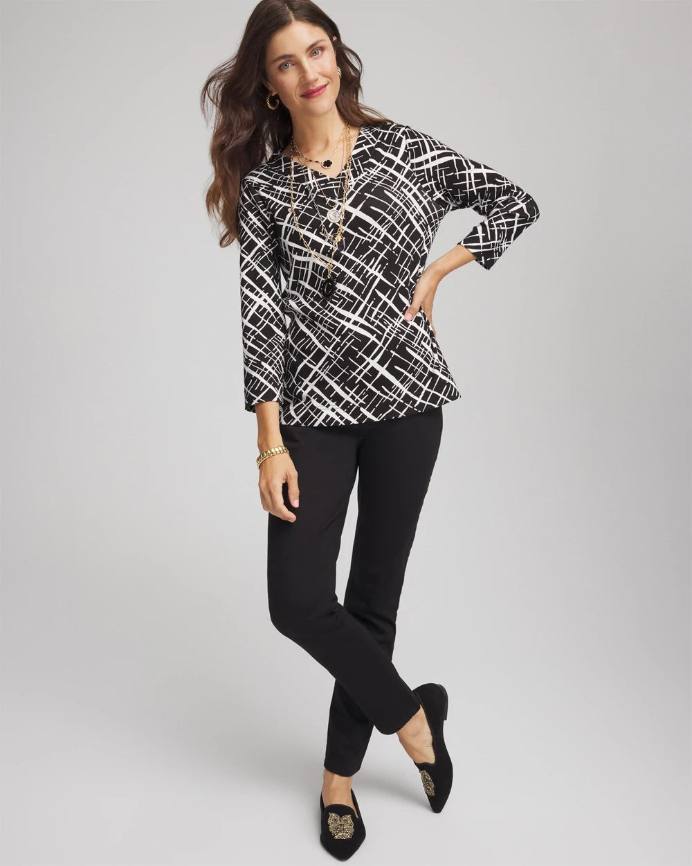 Chico's Discount Black Printed Pima 3/4 Sleeve Tee