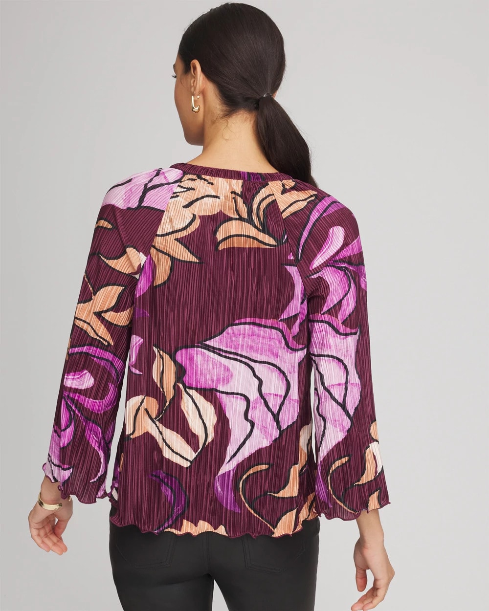 Chico's Sale Deep Chianti Printed Pleated V-Neck Tee