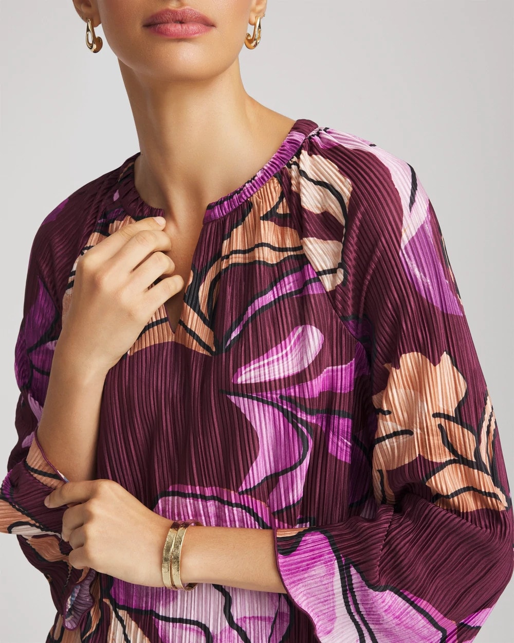 Chico's Sale Deep Chianti Printed Pleated V-Neck Tee