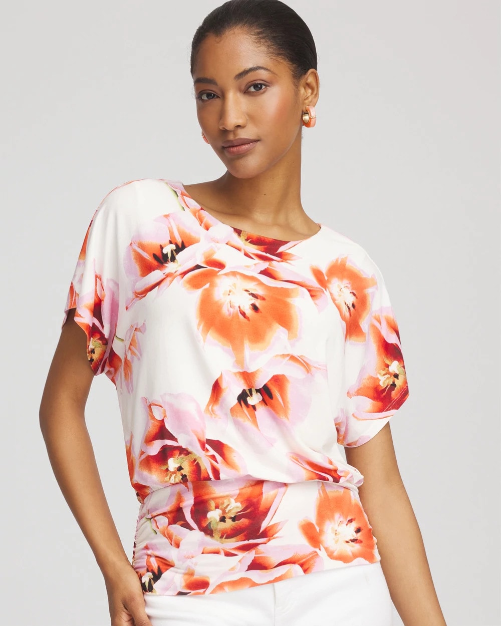 Chico's On Sale Orange Tango Touch of Cool™ Tropical Ruched Banded Hem Top