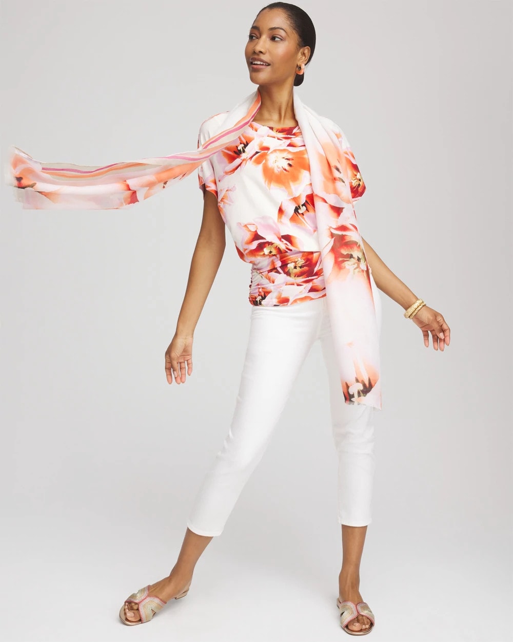 Chico's On Sale Orange Tango Touch of Cool™ Tropical Ruched Banded Hem Top