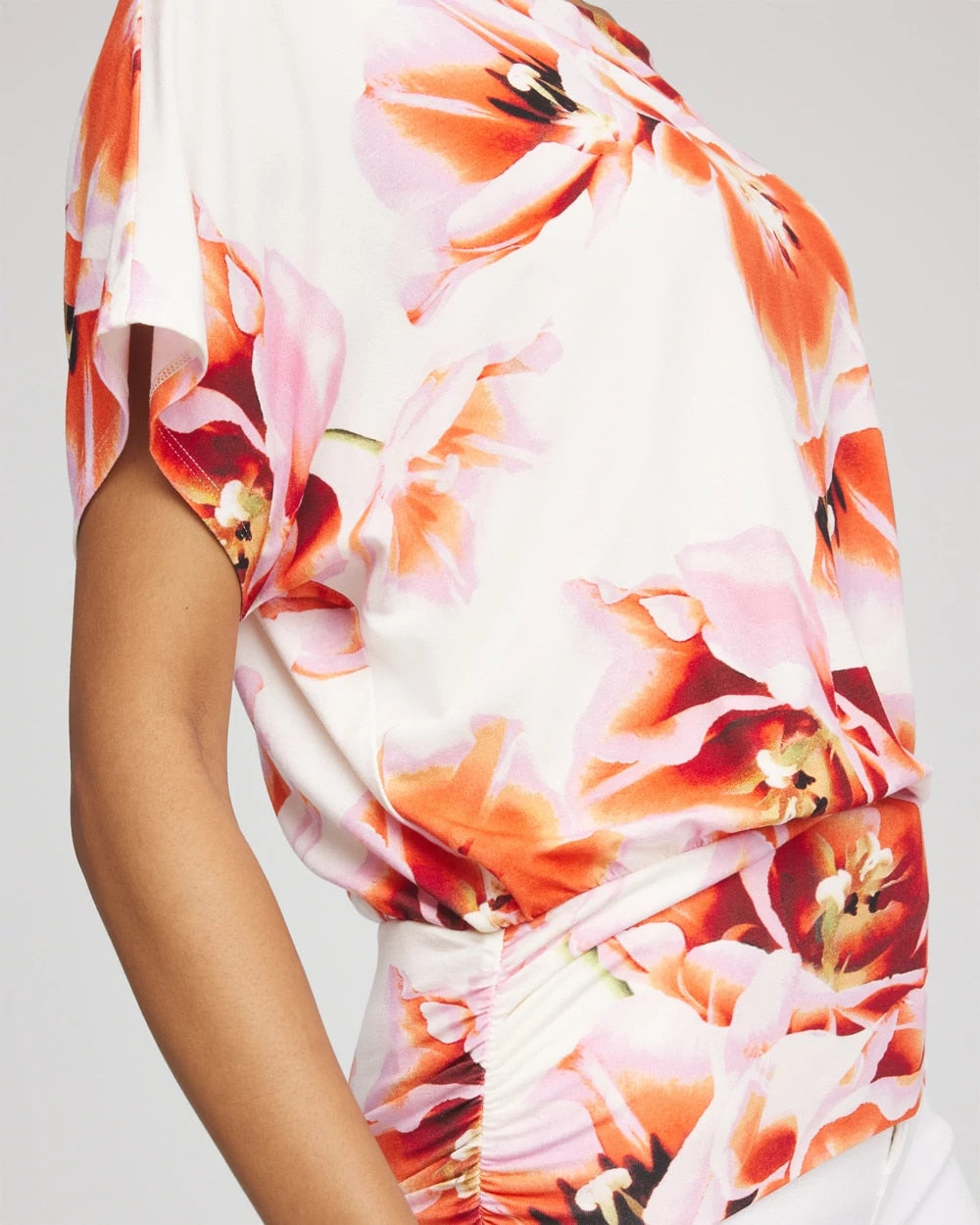 Chico's On Sale Orange Tango Touch of Cool™ Tropical Ruched Banded Hem Top